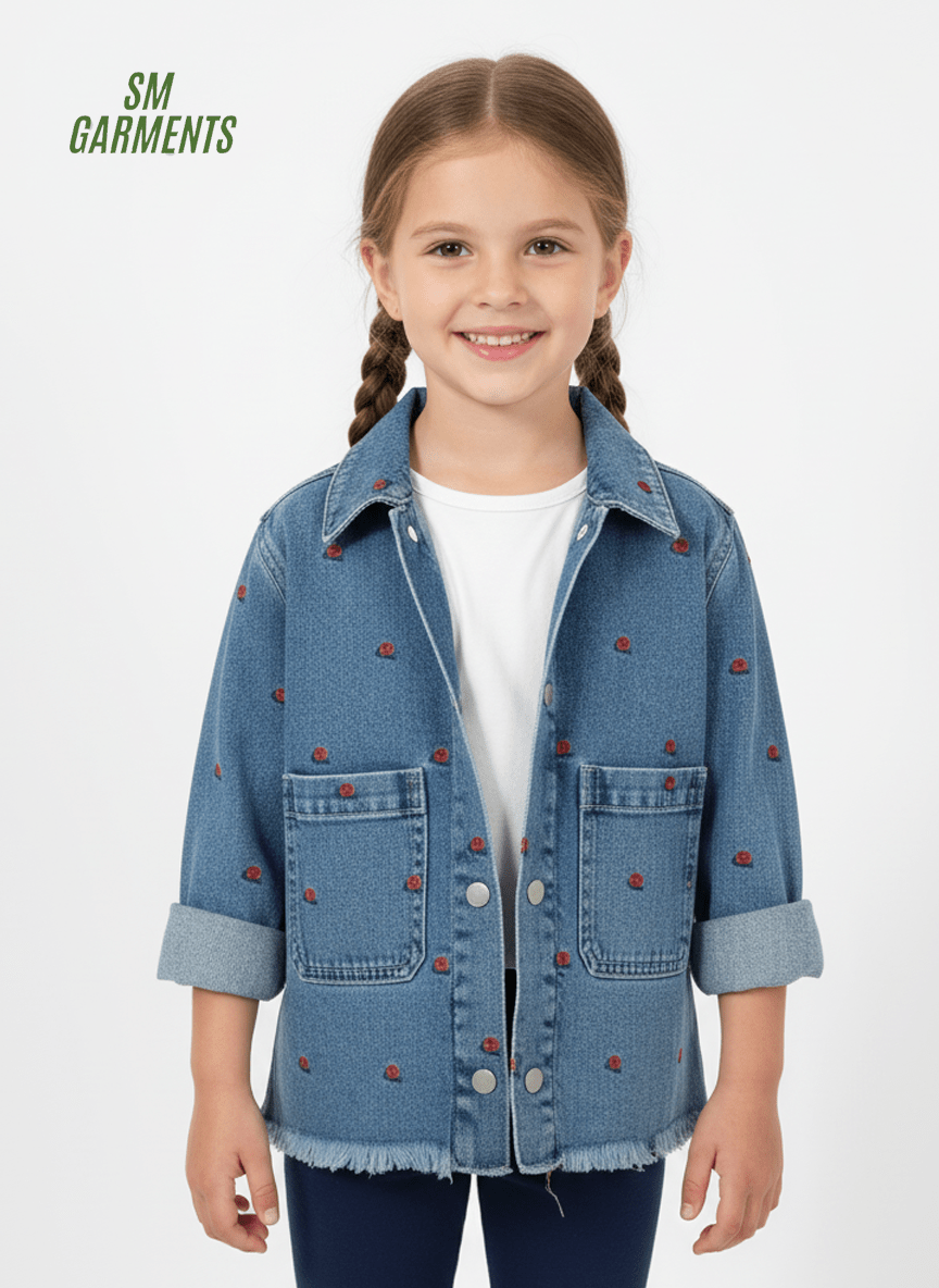 Kids Manning Floral Frayed Hem Denim Jacket - Indigo Rose - Smgarment's