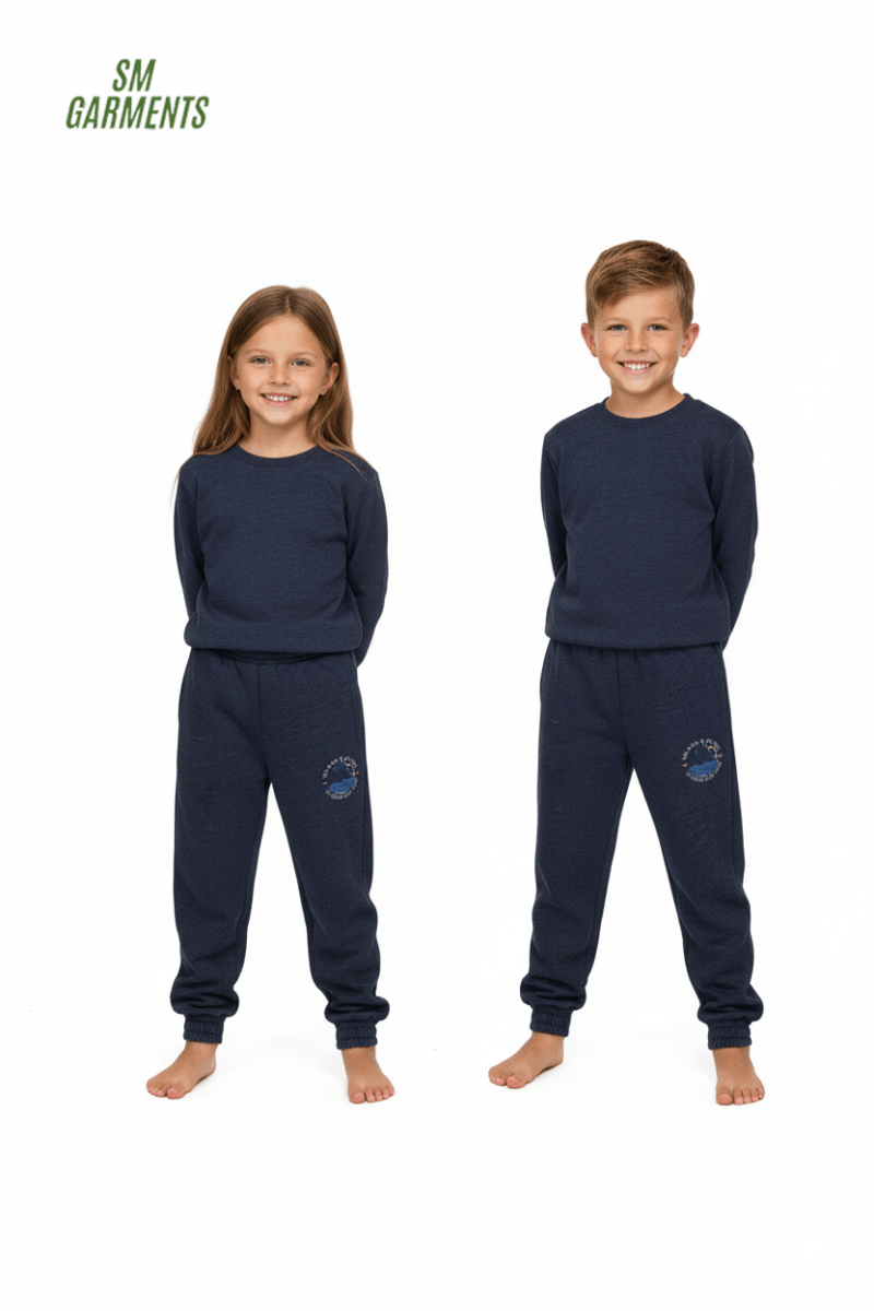Kids' Marled Fleece Joggers Trouser - Navy with "Wilderness Adventure" Graphic - Smgarment's