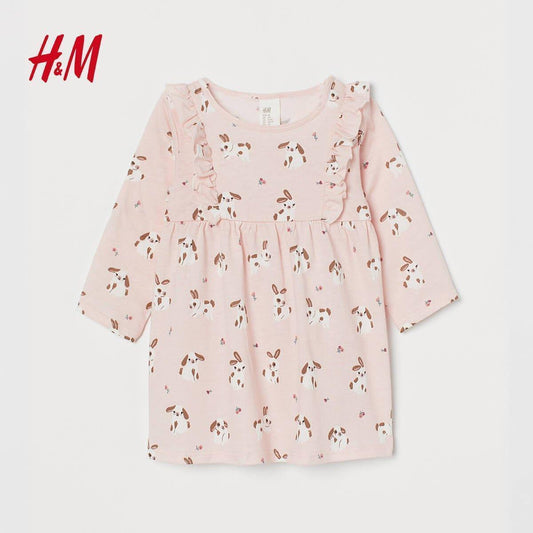 Light Pink Rabbits Frill Trimmed Jersey Dress - SMgarment's