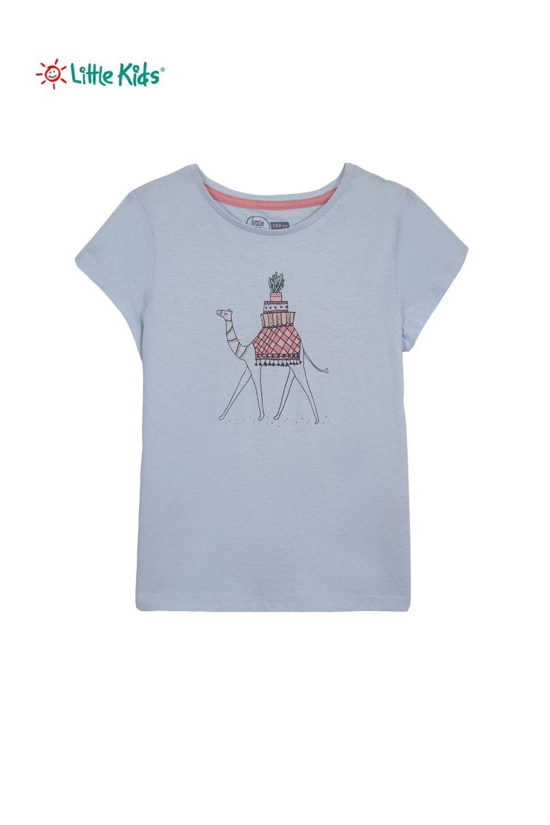 Little Kids Girls Camel Graphic T-Shirt – Light Blue - Smgarment's