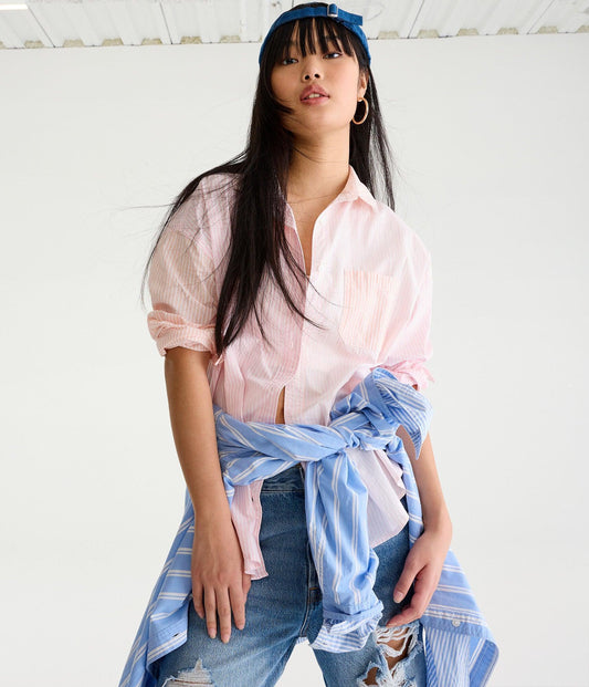 Long Sleeve Thin Stripe Oversized Button - Down Shirt - SMgarment's