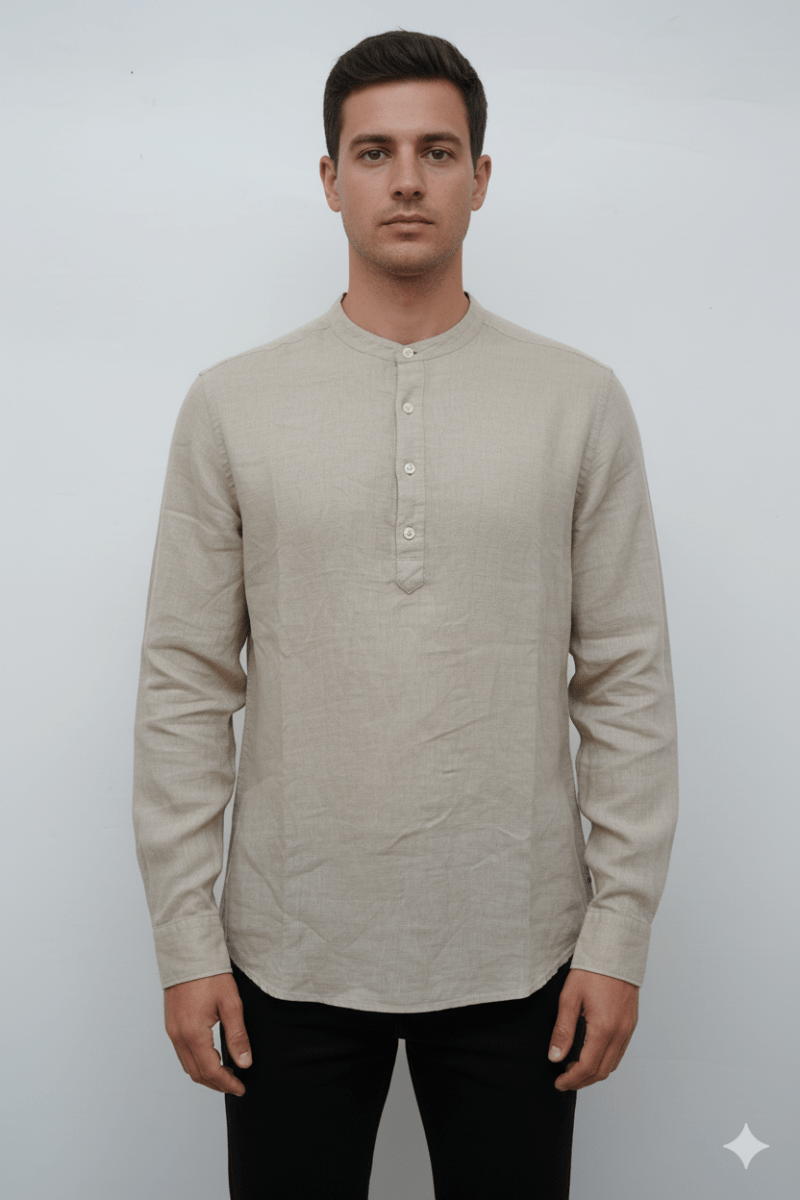 MENS BAND COLLAR LINEN SHIRT SLIM FIT - Smgarment's