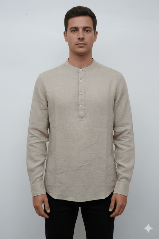 MENS BAND COLLAR LINEN SHIRT SLIM FIT - Smgarment's