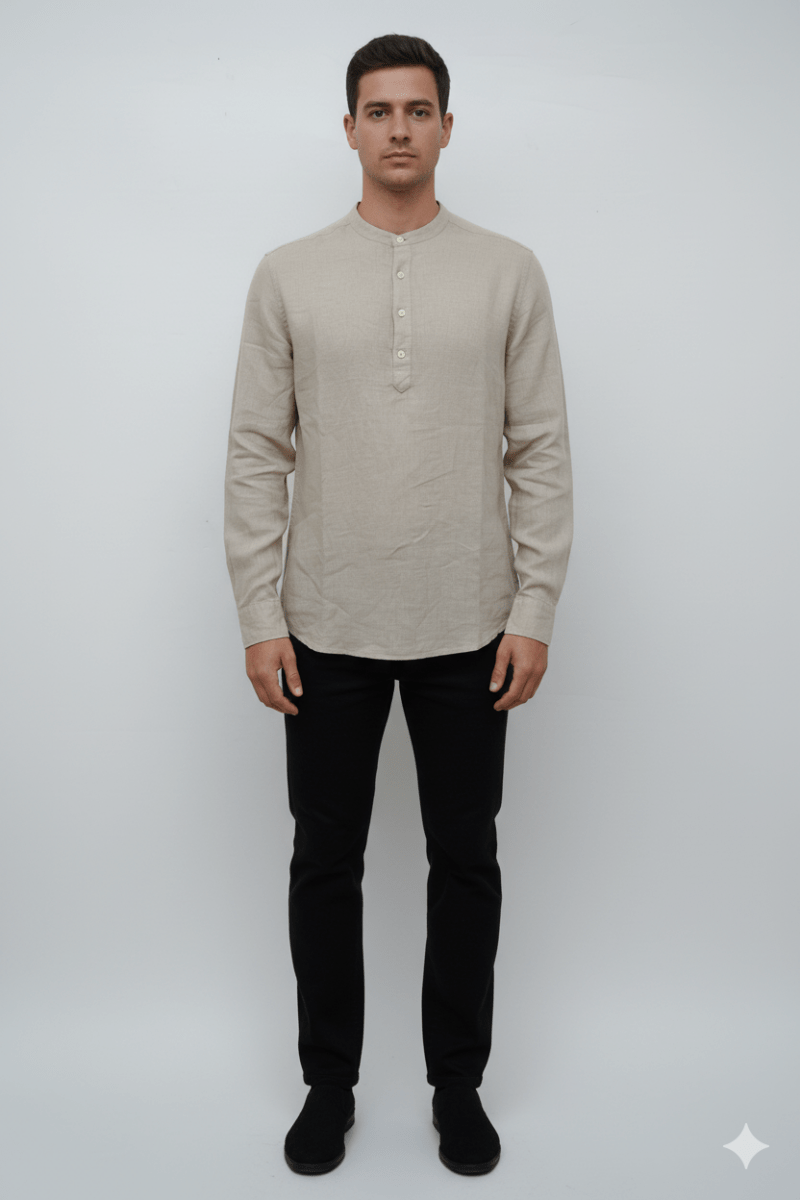MENS BAND COLLAR LINEN SHIRT SLIM FIT - Smgarment's