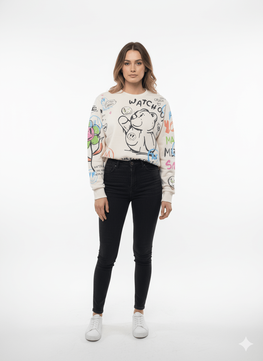 MNS WOMEN Doodle Graphic Sweatshirt Cream Multicolor Print - Smgarment's