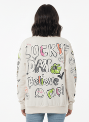 MNS WOMEN Doodle Graphic Sweatshirt Cream Multicolor Print - Smgarment's