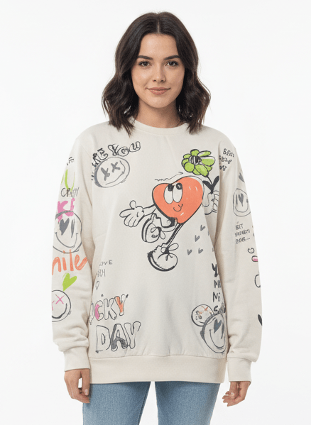 MNS WOMEN Doodle Graphic Sweatshirt Cream Multicolor Print - Smgarment's