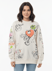 MNS WOMEN Doodle Graphic Sweatshirt Cream Multicolor Print - Smgarment's