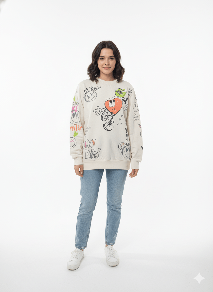 MNS WOMEN Doodle Graphic Sweatshirt Cream Multicolor Print - Smgarment's