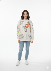 MNS WOMEN Doodle Graphic Sweatshirt Cream Multicolor Print - Smgarment's
