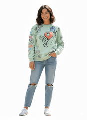 MNS WOMEN Doodle Graphic Sweatshirt Pistachio Multicolor Print - Smgarment's