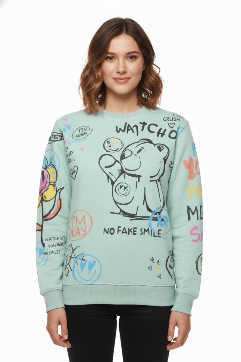 MNS WOMEN Doodle Graphic Sweatshirt Pistachio Multicolor Print - Smgarment's