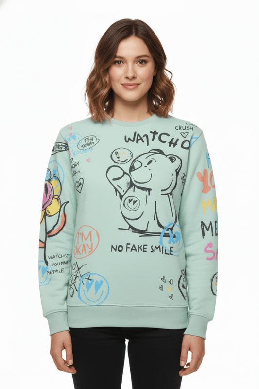 MNS WOMEN Doodle Graphic Sweatshirt Pistachio Multicolor Print - Smgarment's