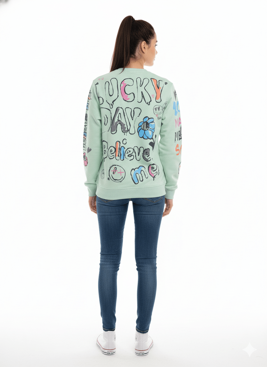 MNS WOMEN Doodle Graphic Sweatshirt Pistachio Multicolor Print - Smgarment's