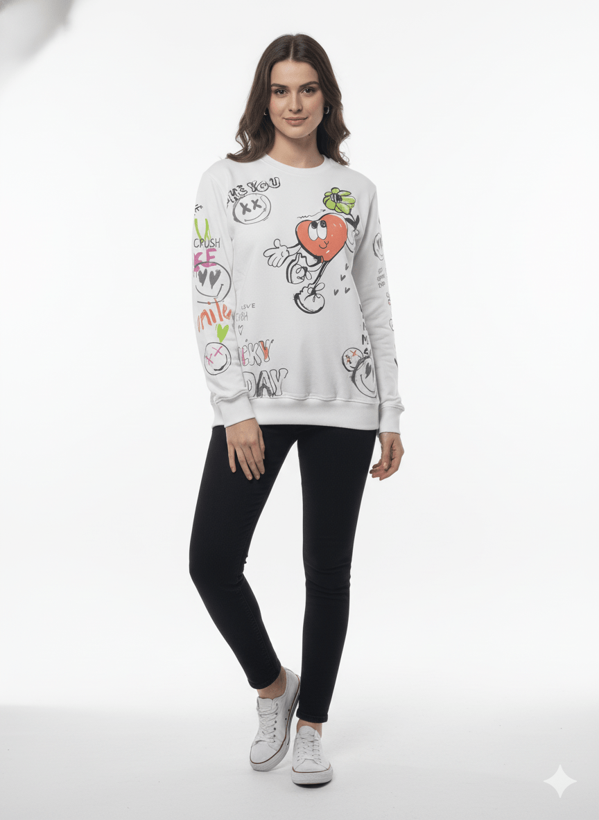 MNS WOMEN Doodle Graphic Sweatshirt White Multicolor Print - Smgarment's