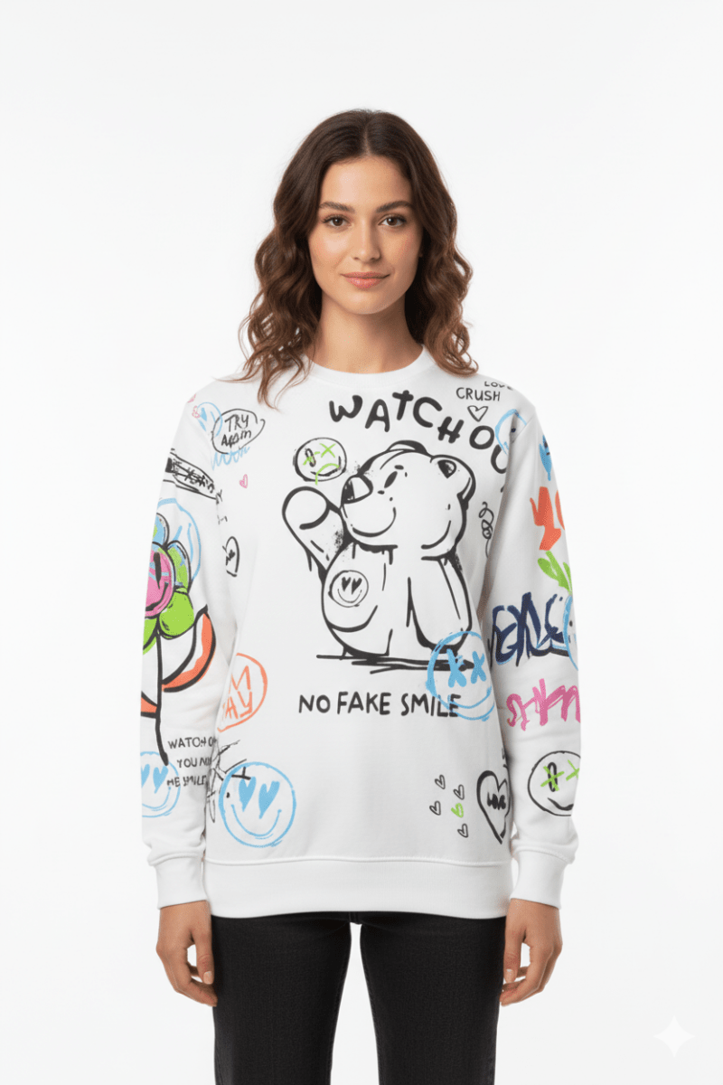 MNS WOMEN Doodle Graphic Sweatshirt White Multicolor Print - Smgarment's