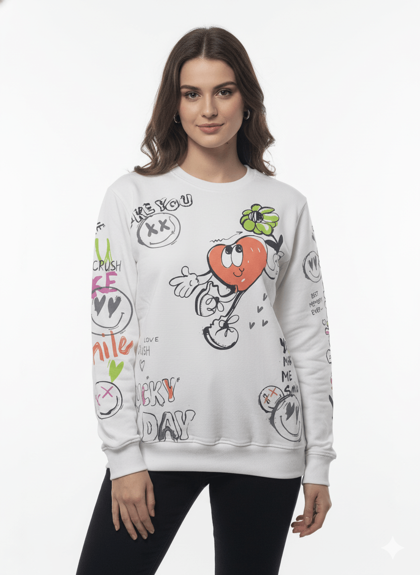 MNS WOMEN Doodle Graphic Sweatshirt White Multicolor Print - Smgarment's