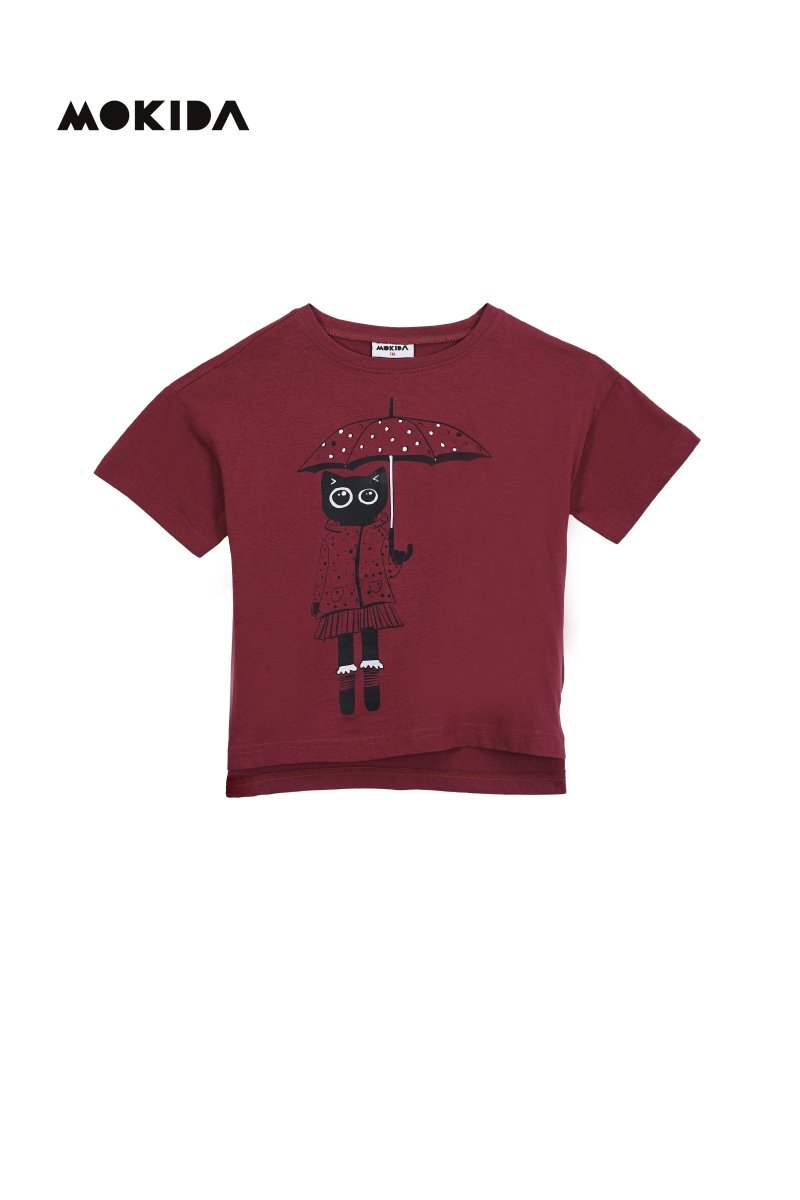 MOKIDA Girls' Maroon Cat Umbrella T-Shirt - Smgarment's