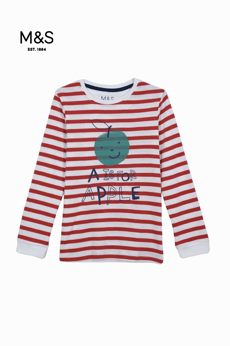 M&S Kids' Striped Long Sleeve Top – "A is for Apple" Print - Smgarment's