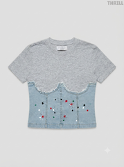 Grey Melange and Denim Paint-Splatter Corset-Overlay Tee