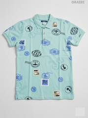 Okaïdi Boys' Mint Green Travel Passport Stamp Cotton Polo Shirt