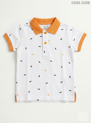 Cool Club Boys' White Dinosaur Print Cotton Piqué Polo Shirt