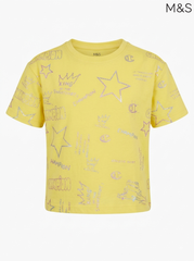 M&S Yellow Shimmering Crown & Star Print Short-Sleeve T-Shirt