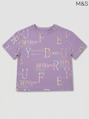 M&S Girls Lilac Iridescent Typographic Short-Sleeve T-Shirt