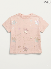 M&S Girls Pink Shimmering Star Print Short-Sleeve T-Shirt