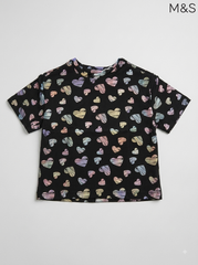 M&S Girls Black Rainbow Metallic Heart Print Short-Sleeve T-Shirt