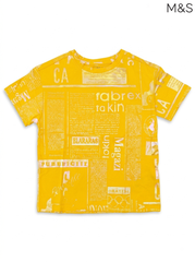M&S Bright Yellow Metallic Newspaper Print Short-Sleeve T-Shirt