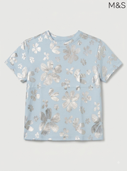 M&S Girls Light Blue Metallic Floral Print Short-Sleeve T-Shirt