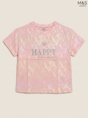 M&S London Kids Pink Iridescent 'HAPPY' Slogan T-Shirt