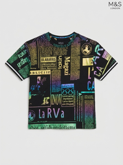 M&S Kids' Black Rainbow Foil Newspaper Print T-Shirt | Iridescent Graphic Crew Neck Top