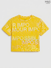 M&S Girls' Yellow Slogan & Graphic Print T-Shirt | Bright Cotton Crew Neck Top