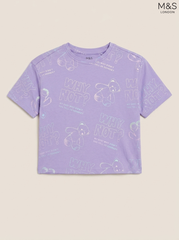 M&S London Girls' Purple Teddy Bear All-Over Graphic T-Shirt