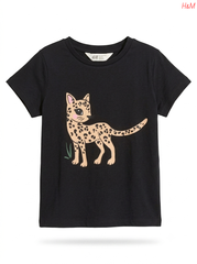 Girls' Leopard Graphic Cotton T-Shirt – Black