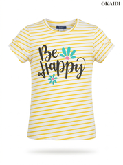 Girls' "Be Happy" Striped Graphic T-Shirt with Ruffle Sleeves – Yellow & White