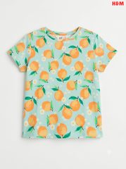 Girls' Citrus & Floral Print Jersey T-Shirt – Mint Green / Orange