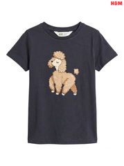 Girls' Poodle Graphic Printed T-Shirt – Dark Charcoal Grey
