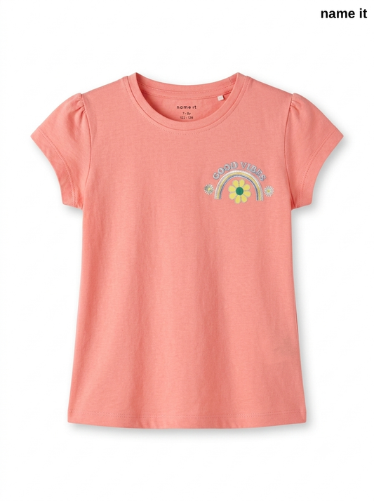 Girls' Coral Pink "Good Vibes" & "Sunshine State of Mind" Cap Sleeve T-Shirt