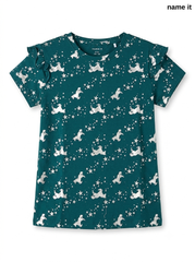 Girls' Dark Green Metallic Horse & Star Print Ruffle Sleeve T-Shirt