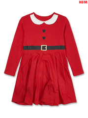 Girls' Red Santa-Inspired Long Sleeve Dress – Holiday Festive Outfit