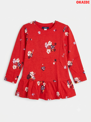 Girls' Red Floral Long Sleeve Slub Cotton Dress with Peplum Hem – Okaïdi