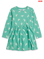 Girls' Mint Green Unicorn Print Long-Sleeve Dress