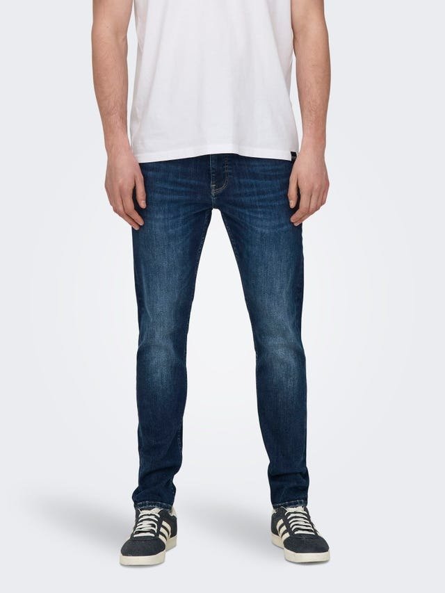 ONLY & SONS ONSWARP Cós Baixo Skinny Fit Jeans | Dark Blue - Smgarment's