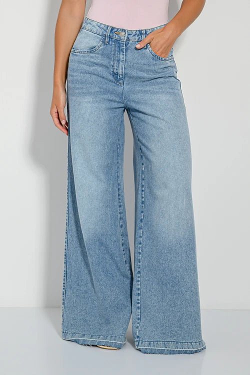 PINK WOMAN Wide leg denim jeans with washed effect - Smgarment's