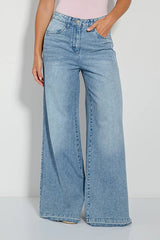 PINK WOMAN Wide leg denim jeans with washed effect - Smgarment's