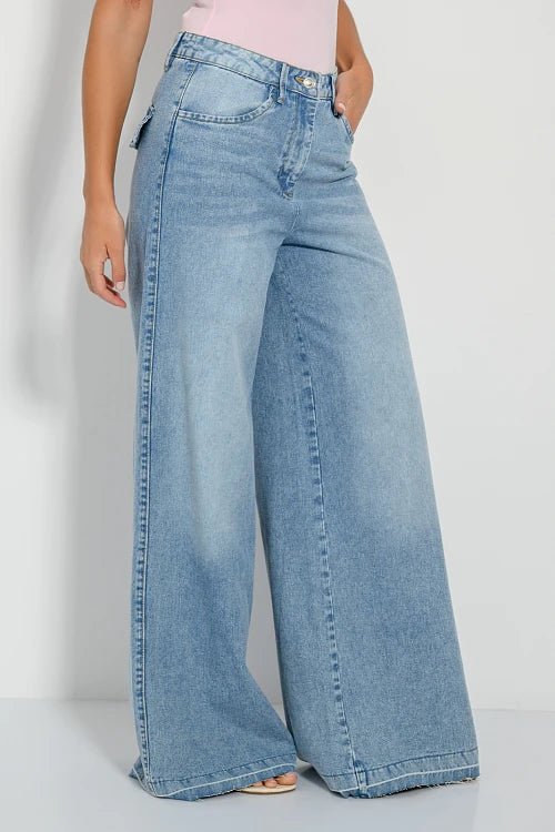 PINK WOMAN Wide leg denim jeans with washed effect - Smgarment's
