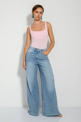 PINK WOMAN Wide leg denim jeans with washed effect - Smgarment's